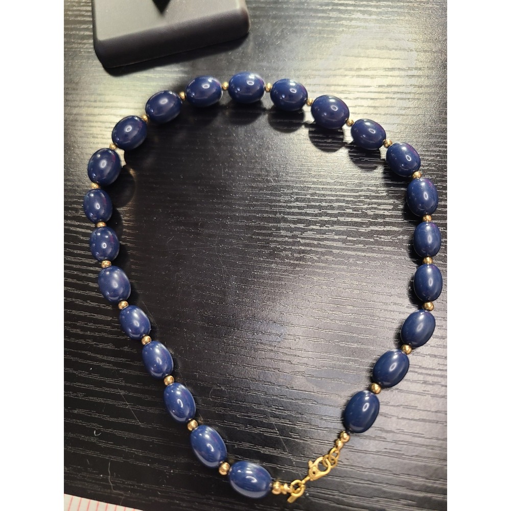 Signed Monet Navy Blue Oval Acrylic Bead Necklace 18" Gold Tone Classic Princess - Picture 3 of 6